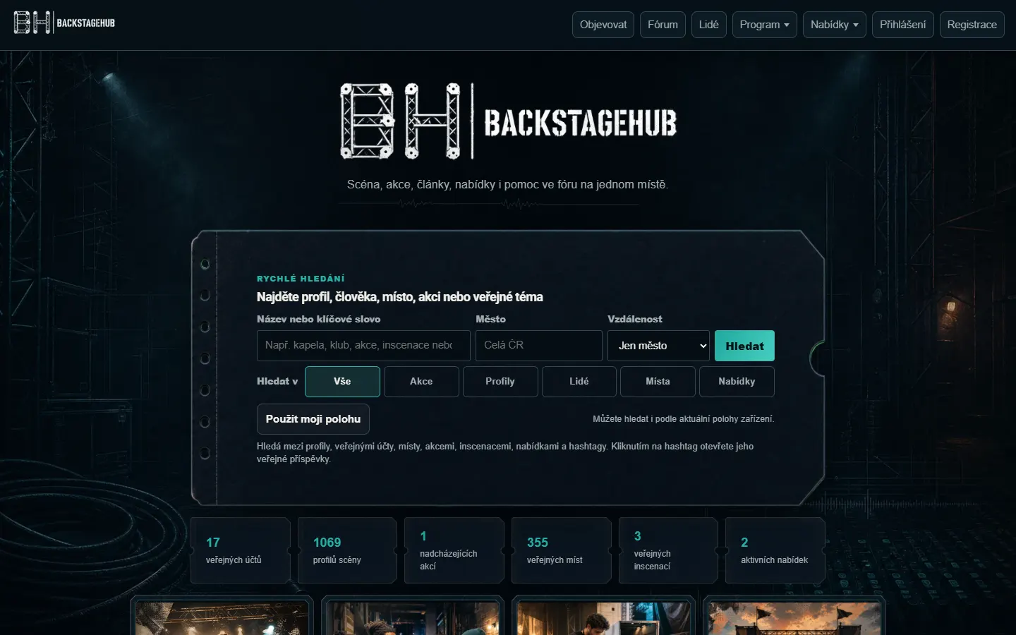 Discover stránka BackstageHubu s přehledem dění na scéně