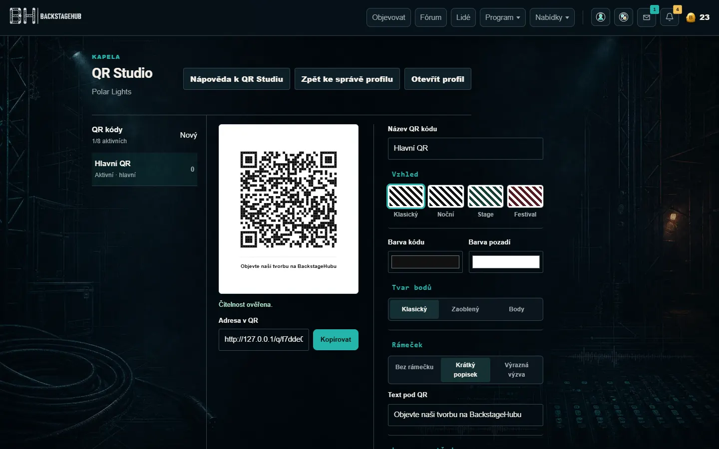 QR Studio s náhledem a nastavením profilového QR kódu