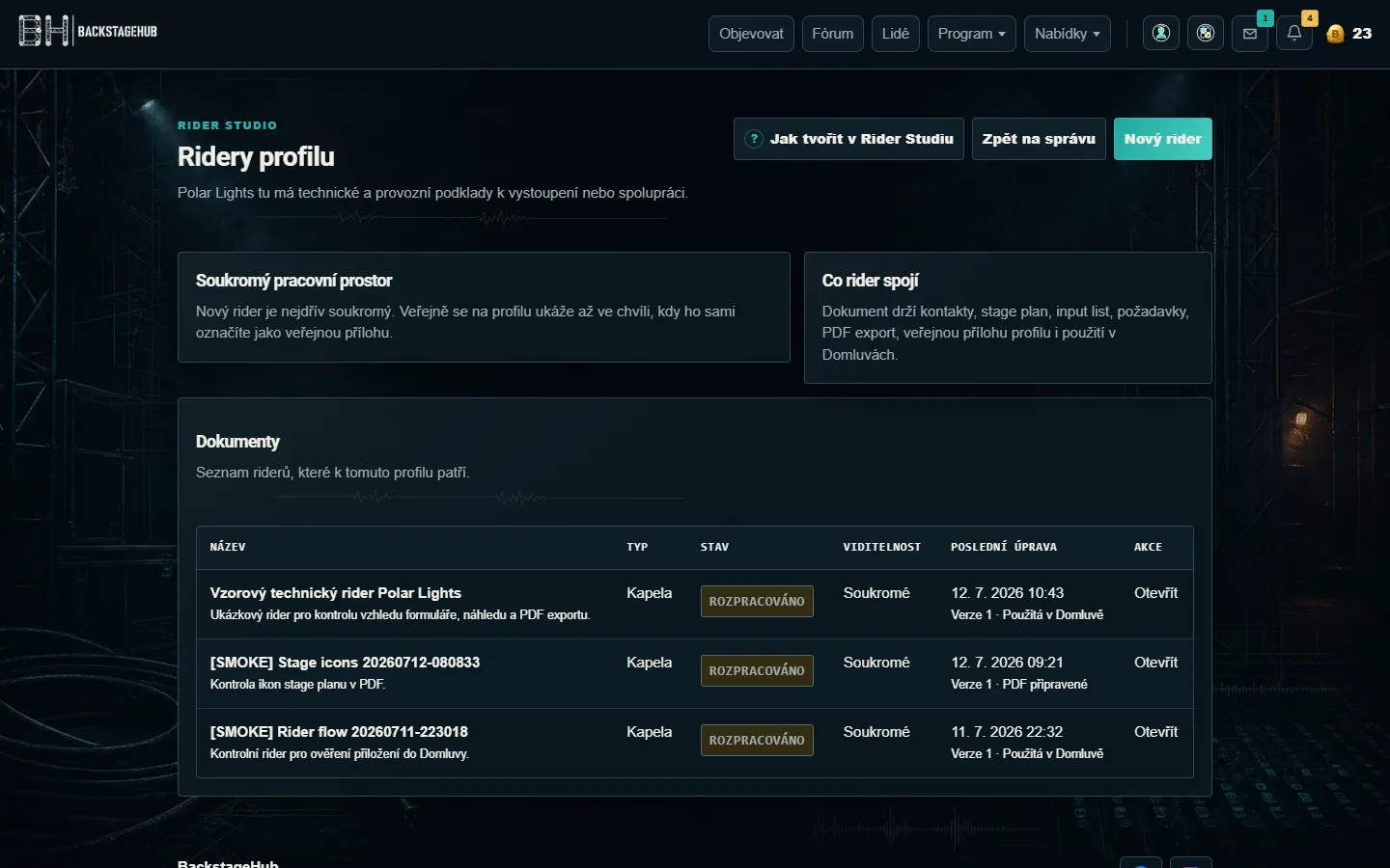 Rider Studio s přehledem připravených dokumentů kapely