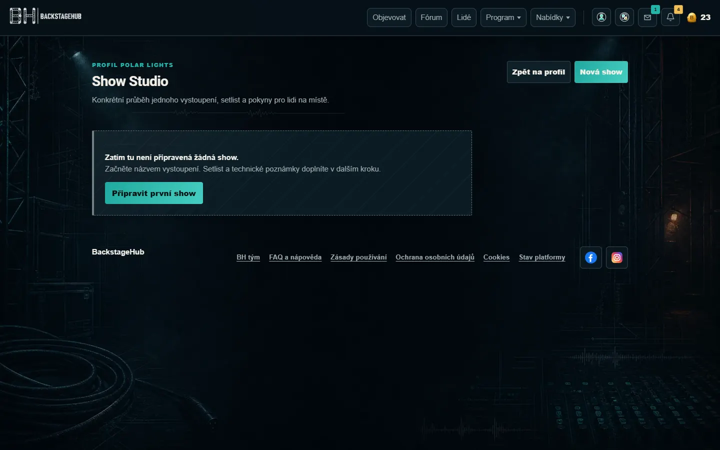Show Studio s přípravou setlistu a technických poznámek