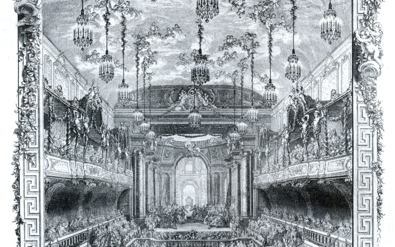 Rytina představení opery La princesse de Navarre ve Versailles roku 1745