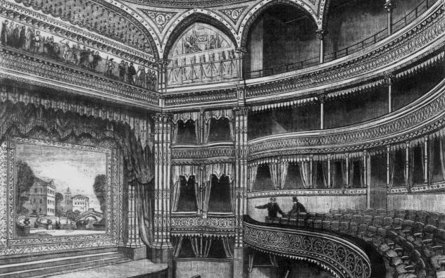 Dobová kresba interiéru londýnského Gaiety Theatre z roku 1869